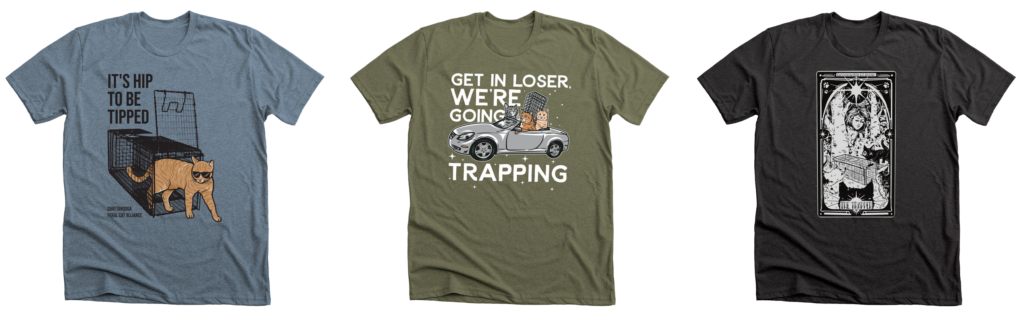 Images of tshirts with designs for the Chattanooga Feral Cat Alliance 